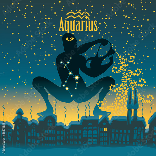 Aquarius sign in the starry sky night city