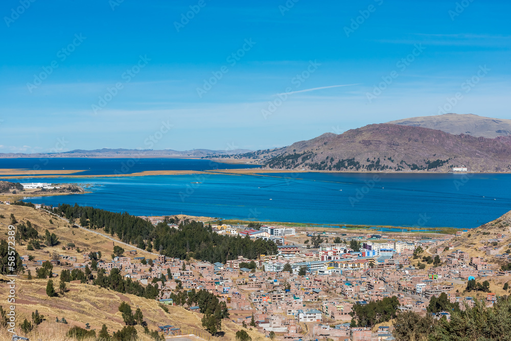 Aerial view of Titicaca Lake in the peruvian Andes Puno Peru