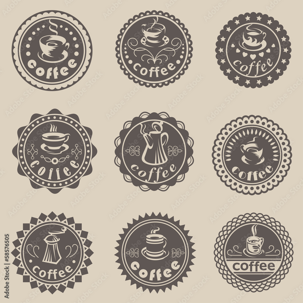 Set of nine coffee labels