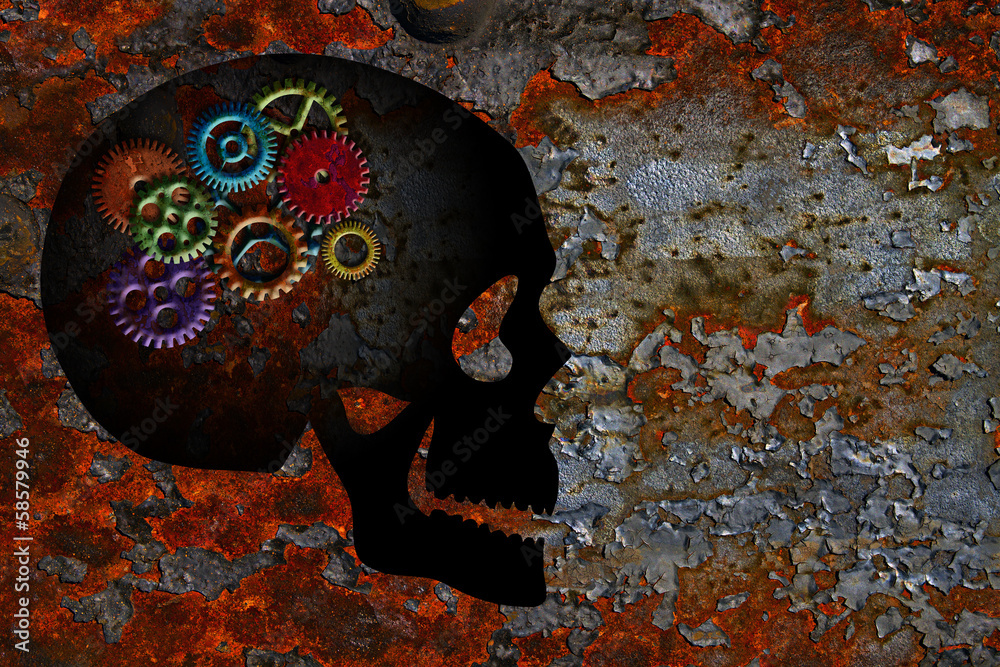 Obraz premium Rusty Gears on Skull Grunge Texture Background