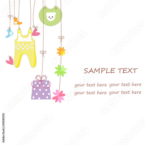 Baby arrival card with gift, hearts, flower and clothes vector
