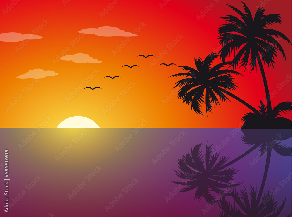 Fototapeta Tropical sunset on the beach with palm trees