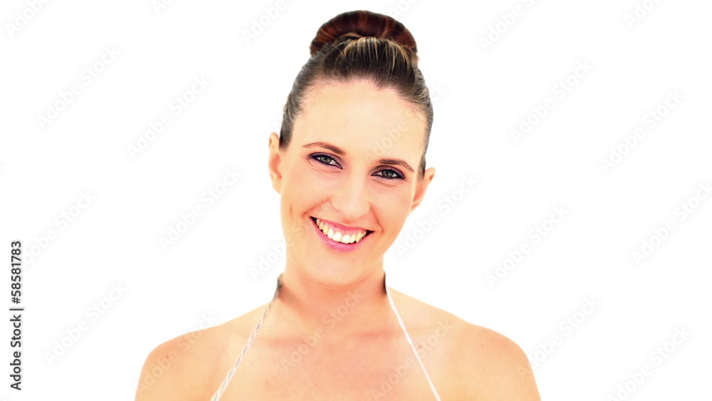 Confident woman wearing and looking at measuring tape Confident woman wearing and looking at measuring tape