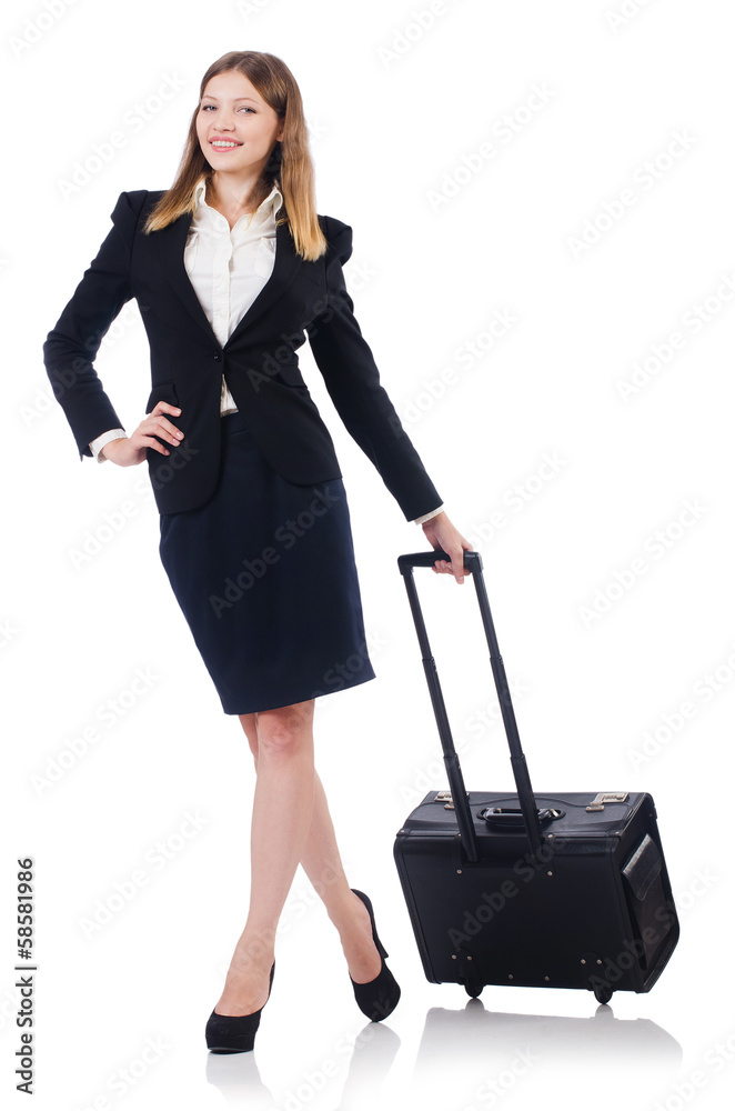 Woman preparing for vacation with suitcase on white Woman preparing for vacation with suitcase on white