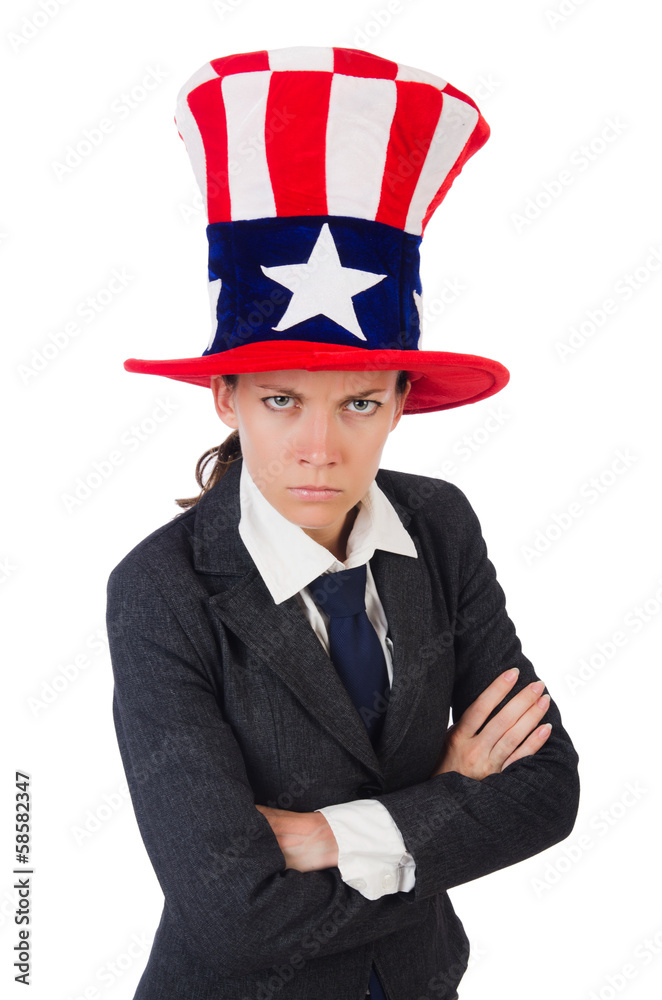 Young woman with american symbols on white Young woman with american symbols on white