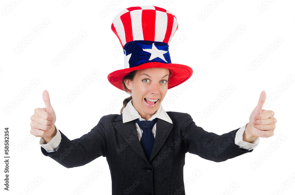 Young woman with american symbols on white