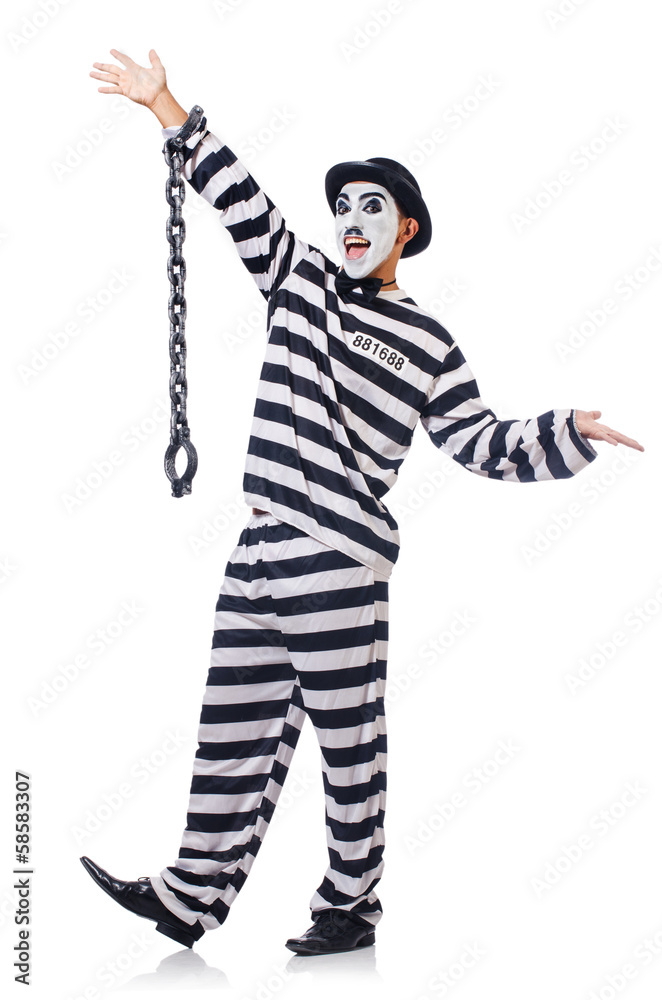 Funny man with facemask mask with shackles on white Funny man with facemask mask with shackles on white