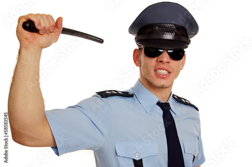 Angry policeman shows police baton on you.