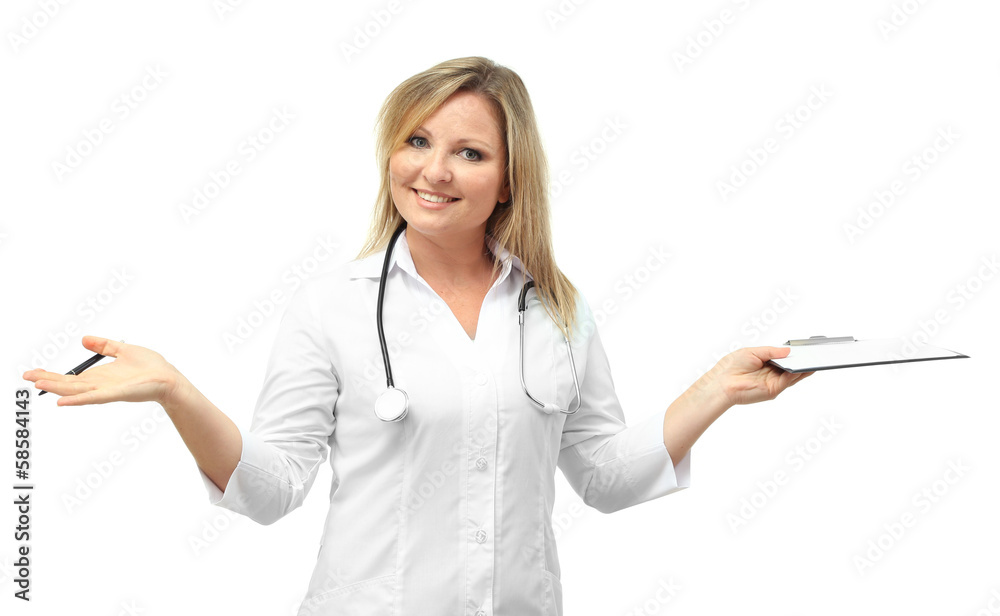 Woman doctor writing medical history, isolated on white Woman doctor writing medical history, isolated on white