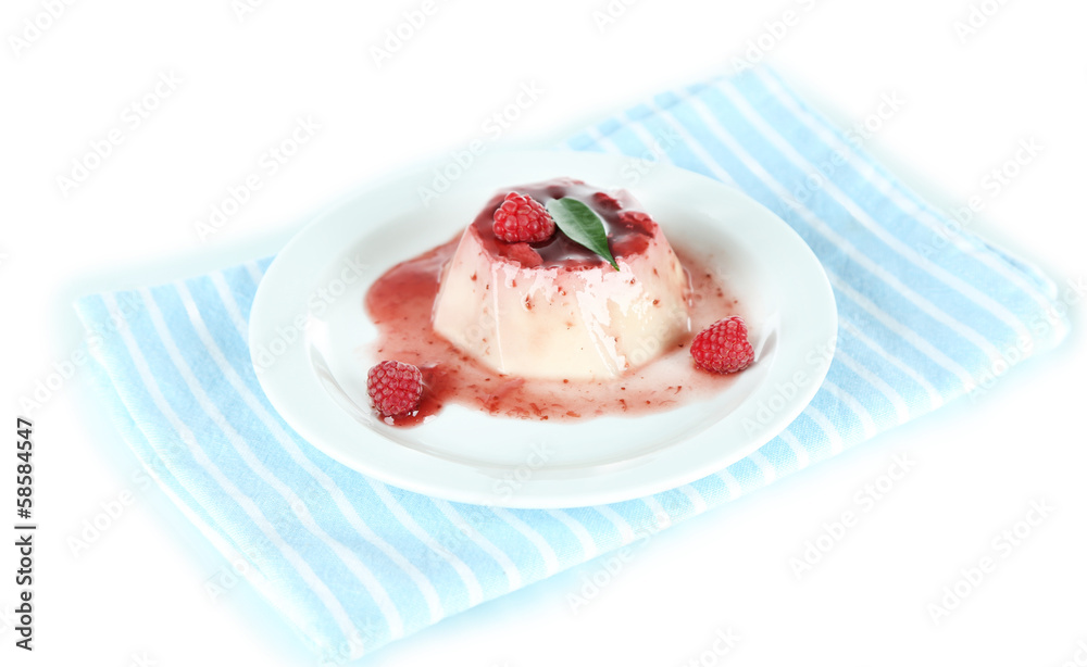 Panna Cotta with raspberry sauce, isolated on white Panna Cotta with raspberry sauce, isolated on white