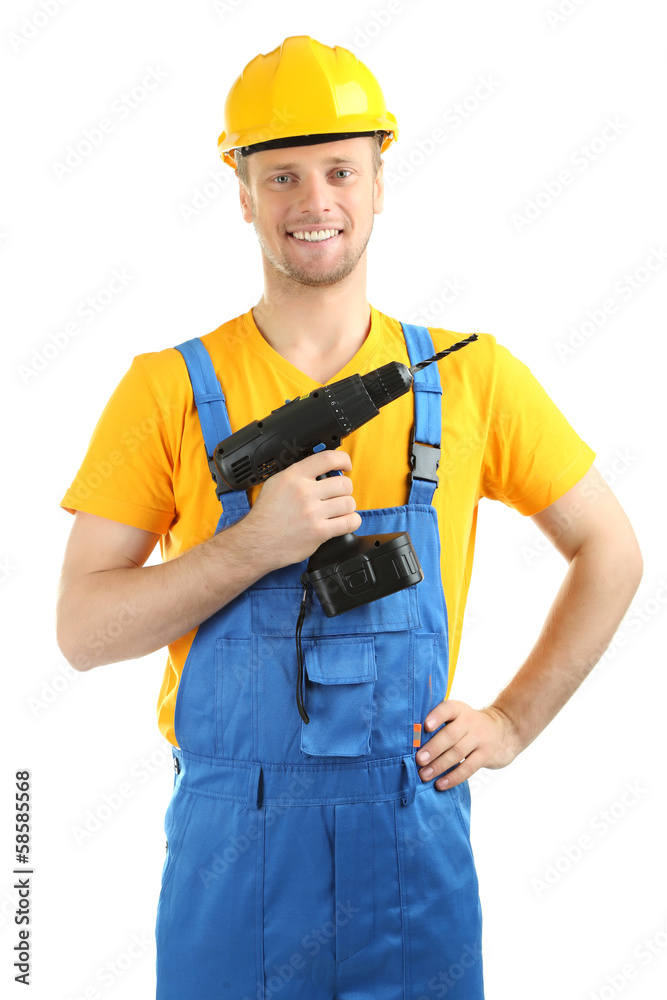 Portrait of young builder isolated on white Portrait of young builder isolated on white
