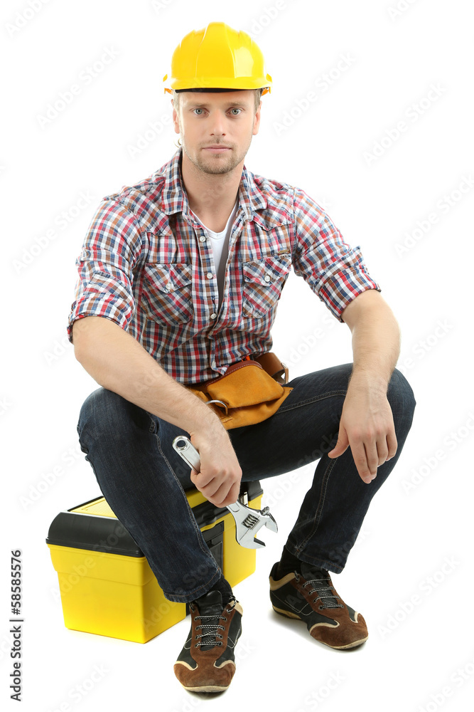 Portrait of young builder isolated on white Portrait of young builder isolated on white
