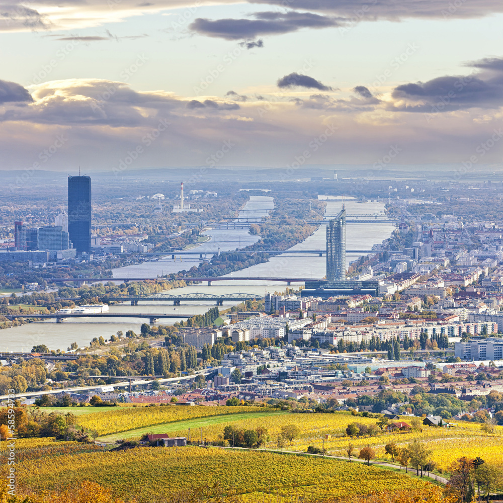 Obraz premium Cityscape of Vienna and Danube in the autumn at dusk