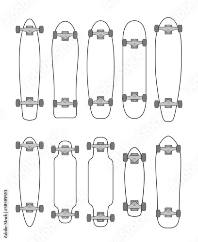 Collection of various shaped skateboards and longboards