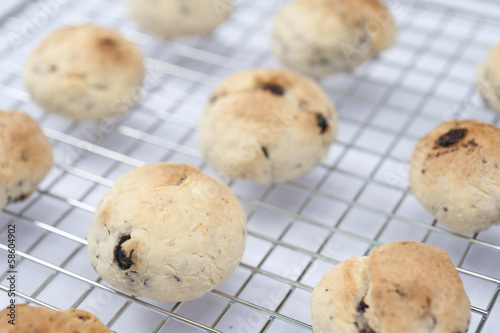 Home made blueberry cookies cooling on a rack outside on a cloudy day.