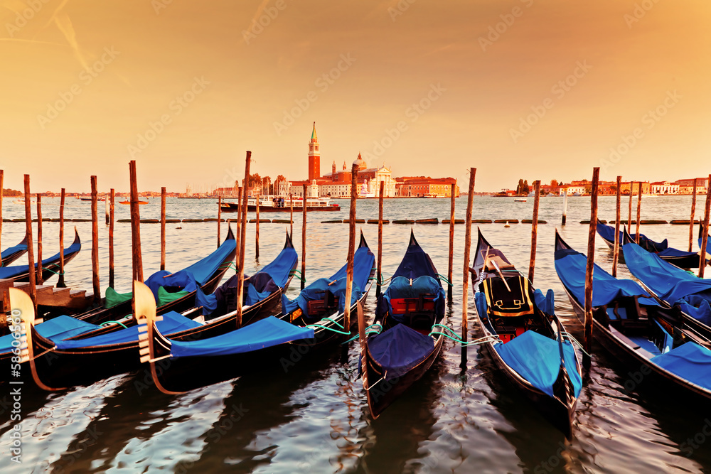 Venice, Italy. Gondolas on Grand Canal at sunset