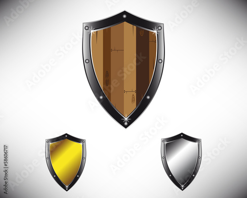 Wood, golden, silver shields