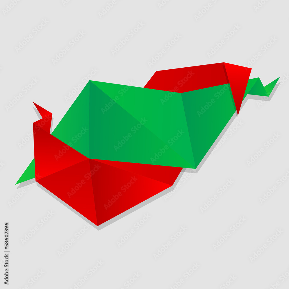Abstract glossy green and red origami speech bubble.