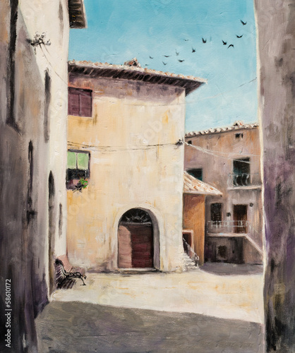 Original oil painting of Italian yard in Tuscan village © dannywilde