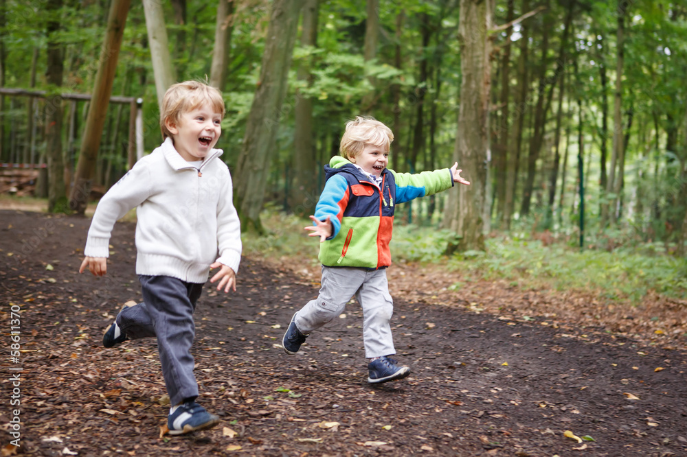 Two little sibling boys having fun with yellow foliage in autumn Two little sibling boys having fun with yellow foliage in autumn