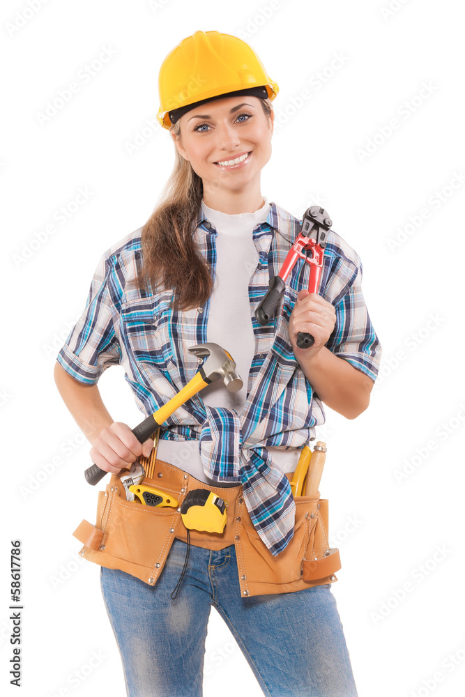 female worker holding tools isolated on white female worker holding tools isolated on white