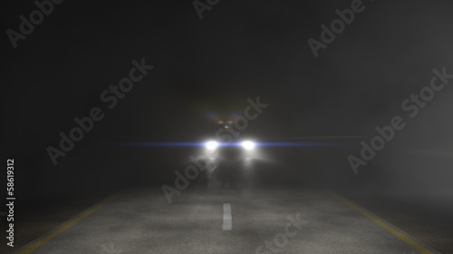 3D Illustration of headlights on dark road