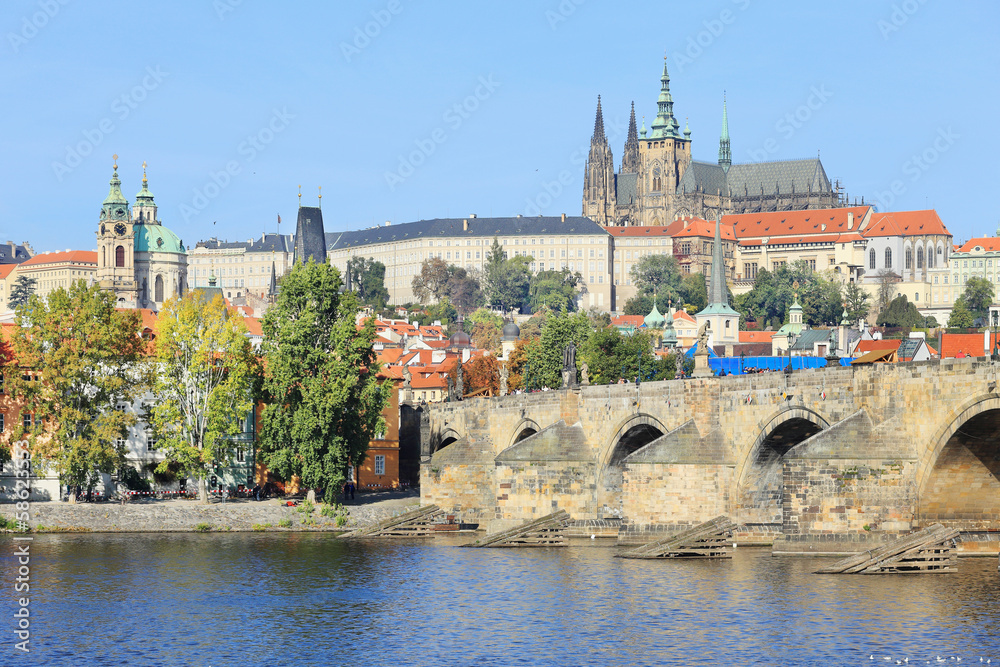 Autumn Prague gothic Castle with Charles Bridge, Czech Republic