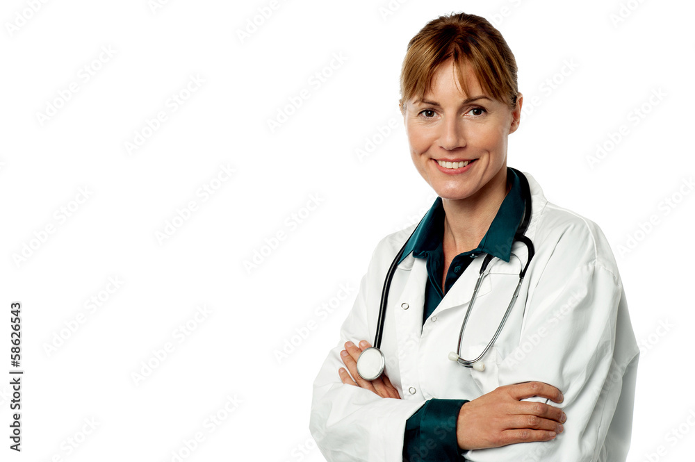 Experienced lady doctor isolated over white Experienced lady doctor isolated over white