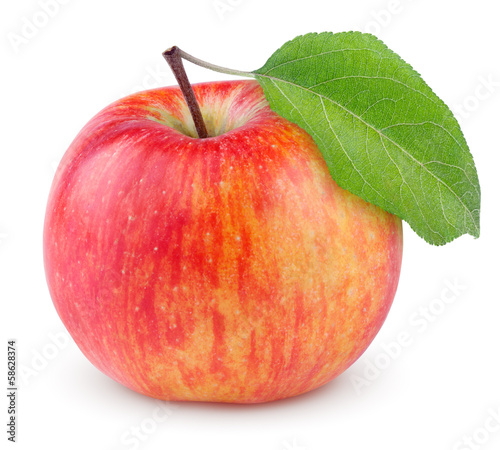 Red yellow apple with green leaf isolated on white background