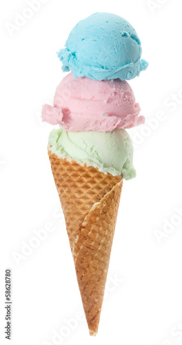 Colorful Ice Cream Cone with three scoops, Isolated on white