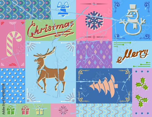 Vintage christmas card in blue colors. New year icons collage