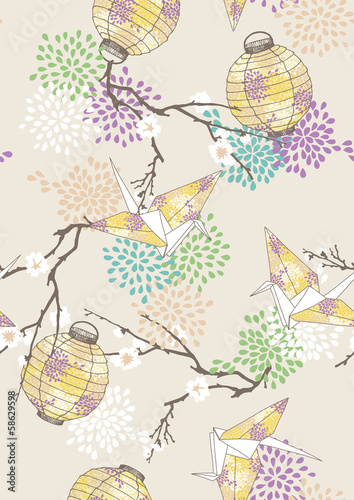 Seamless Pattern with Paper Cranes and Lanterns