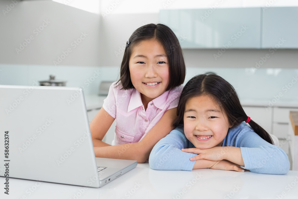 Two smiling young girls with laptop in kitchen Two smiling young girls with laptop in kitchen