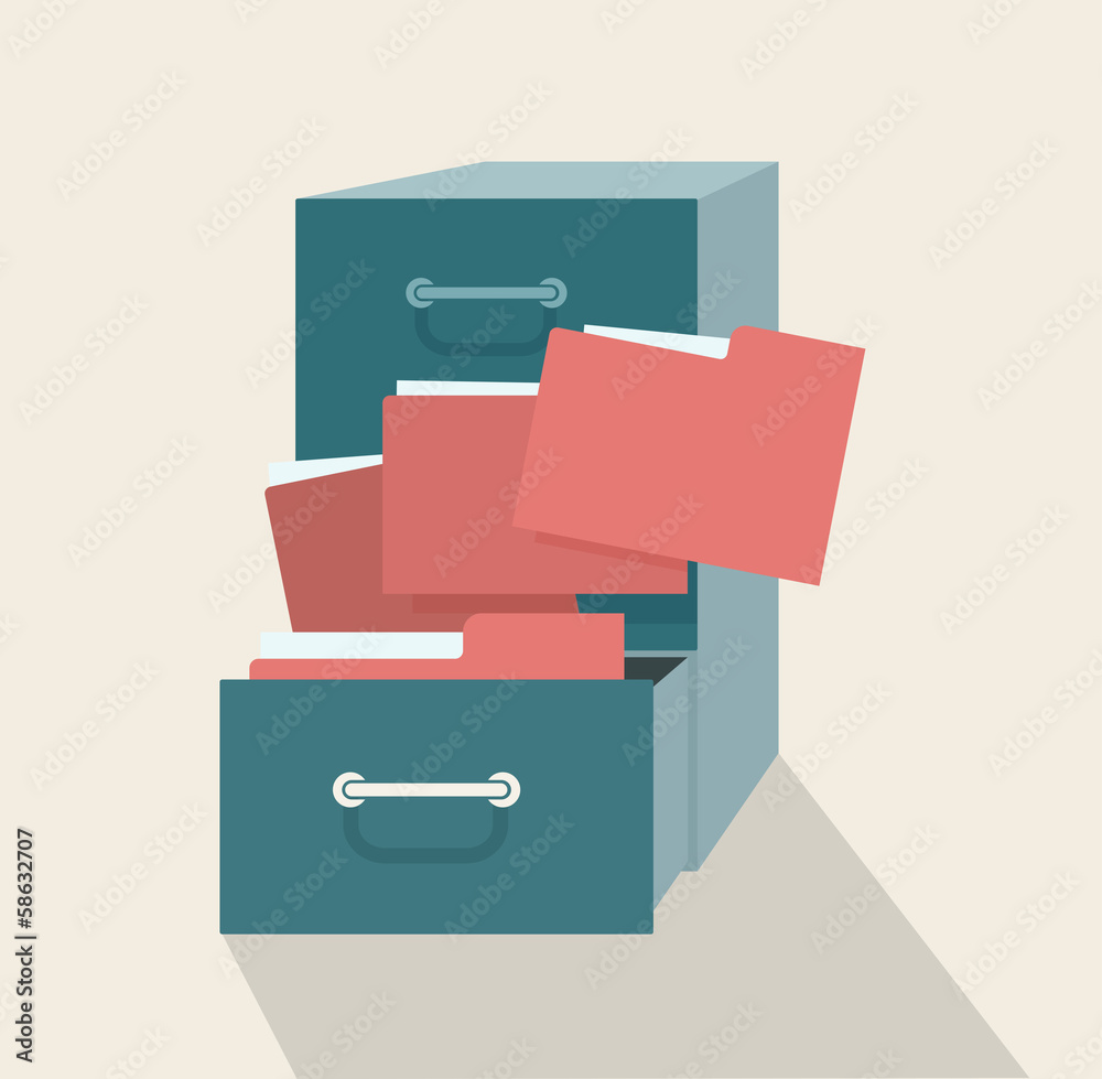 Metal filling cabinet with red folders Metal filling cabinet with red folders