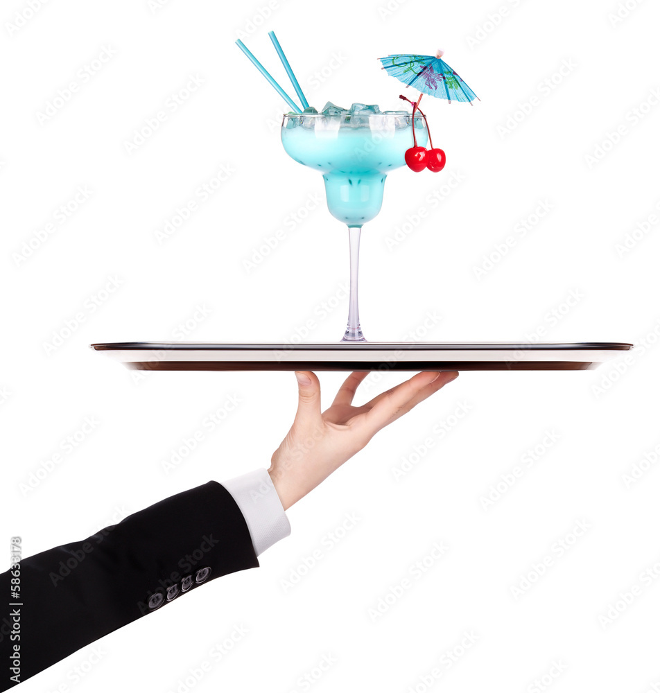 waiter holding silver tray with cocktail waiter holding silver tray with cocktail