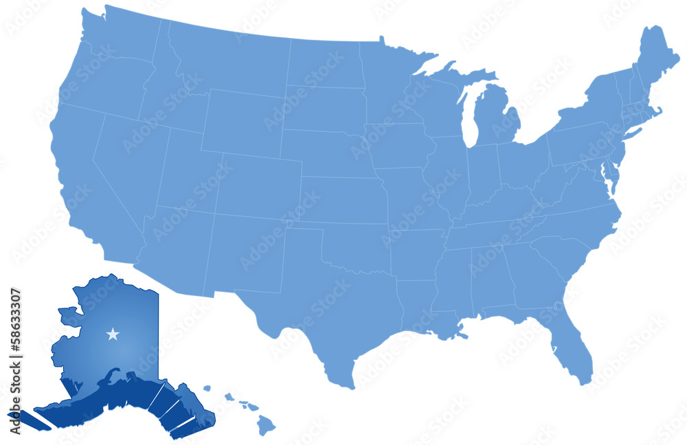 Map of States of the United States where Alaska is pulled out