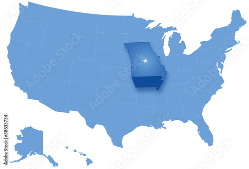 Map of States of the United States where Missouri is pulled out