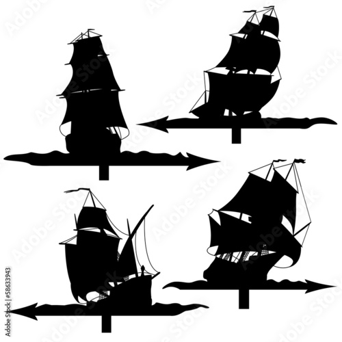 Set of silhouettes of sailing ships weather vanes.
