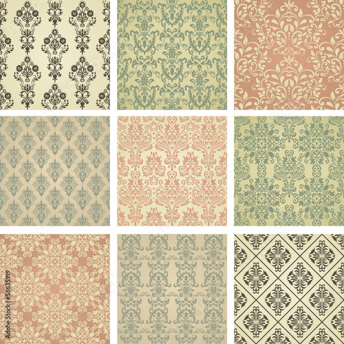 Set of nine seamless pattern in retro style. eps10