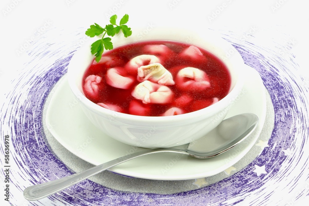 red borscht with dumplings - obrazy, fototapety, plakaty 