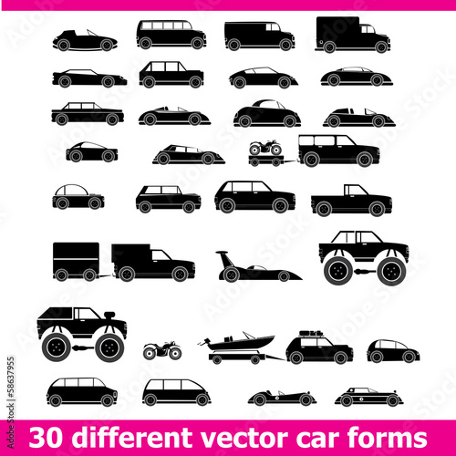 Cars icons set . 30 different vector car forms