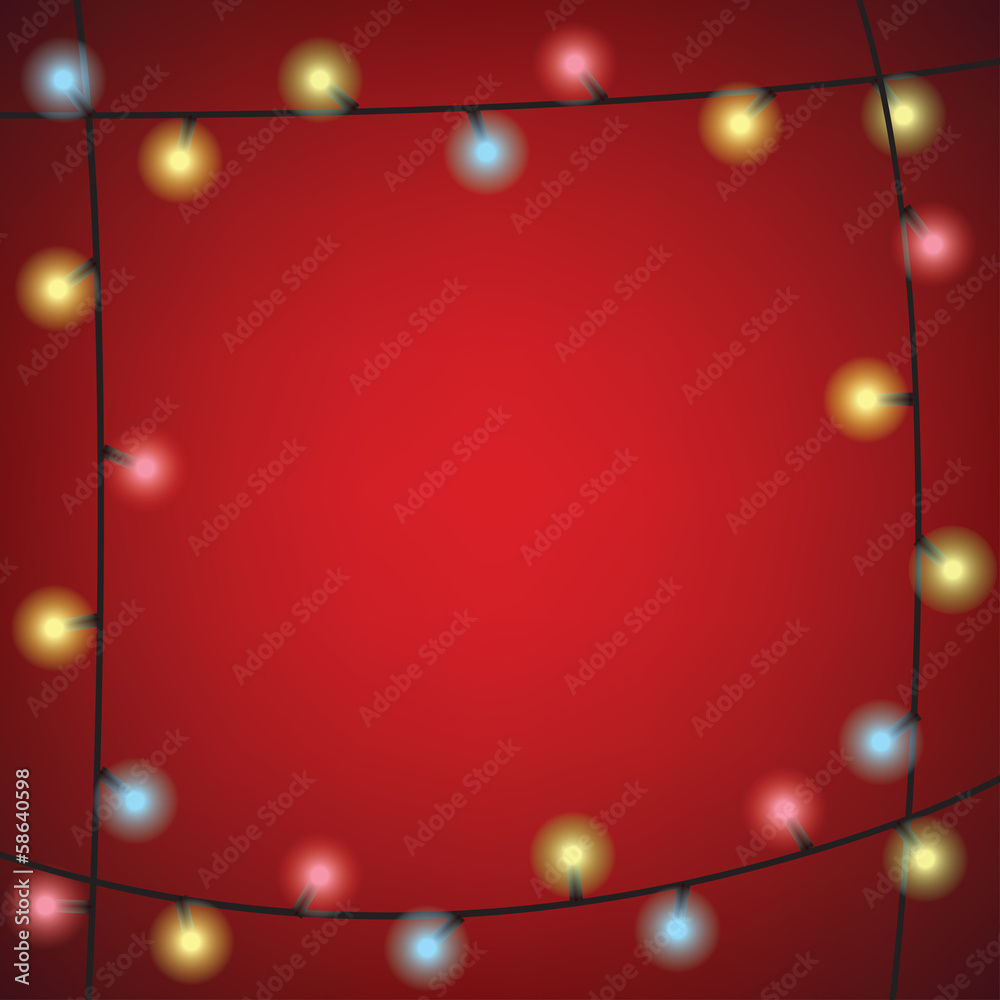 Christmas Colorful Bulb Garland on Red Background Christmas Colorful Bulb Garland on Red Background
