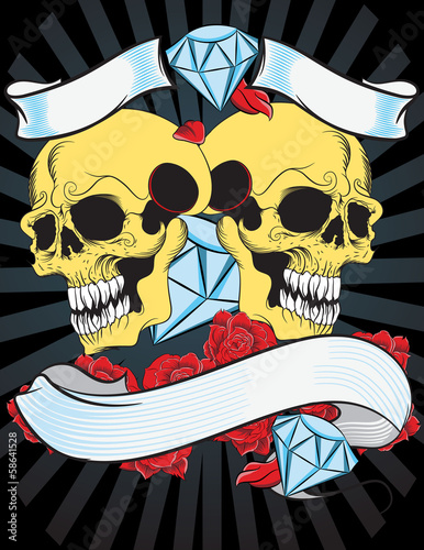 Ilustracion vectorial de craneos en estilo tattoo con rosas