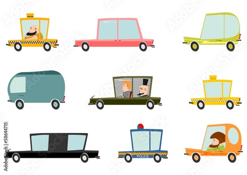Colorful cartoon car set on a white background.