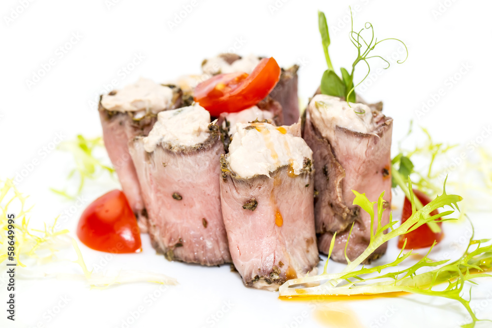meat rolls with cheese decorated with tomato meat rolls with cheese decorated with tomato