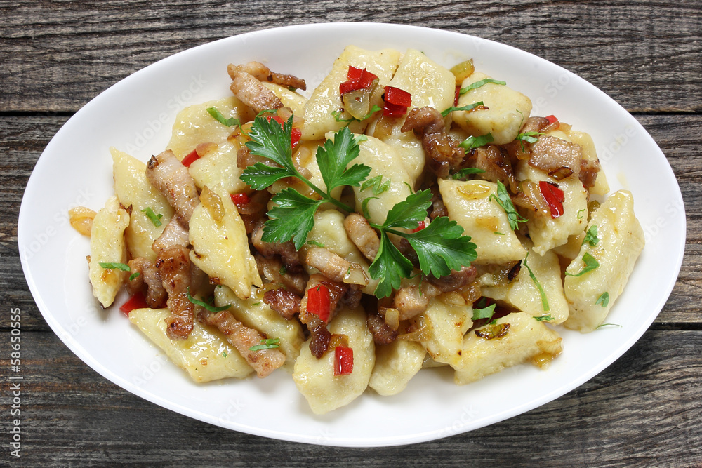 Potato dumplings with fried bacon Potato dumplings with fried bacon