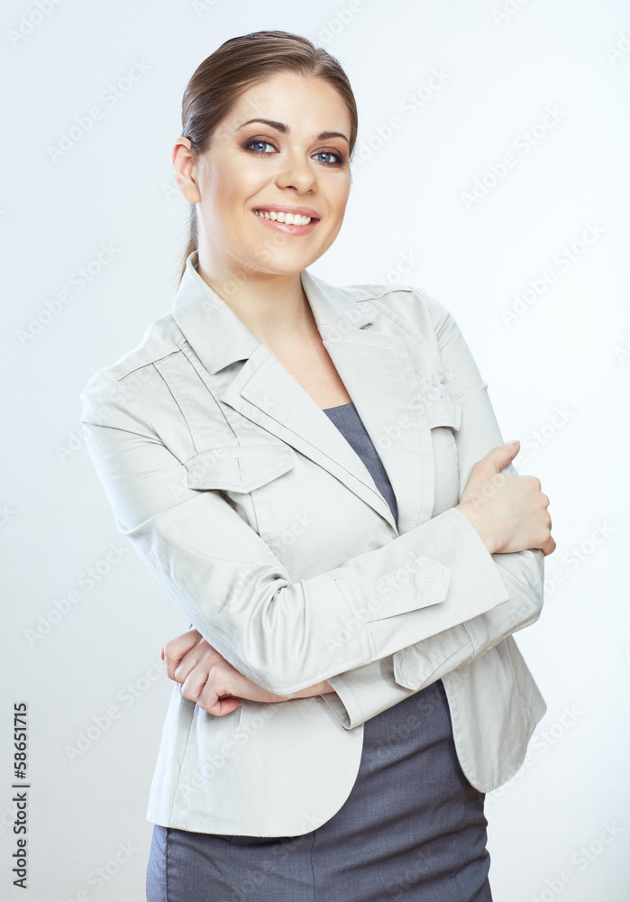 Portrait of happy young business woman crossed arms against whi Portrait of happy young business woman crossed arms against whi
