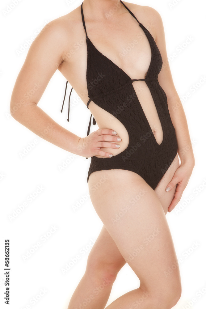 Woman black swimsuit body hand hip