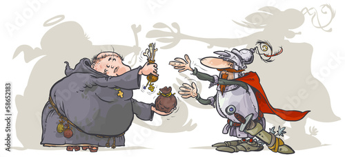 Monk, selling  a holy relics to a Knight.