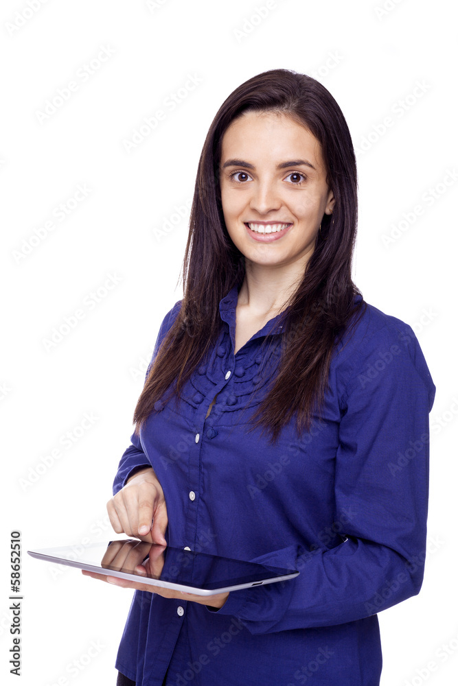 Smiling woman with tablet computer isolated on white background Smiling woman with tablet computer isolated on white background